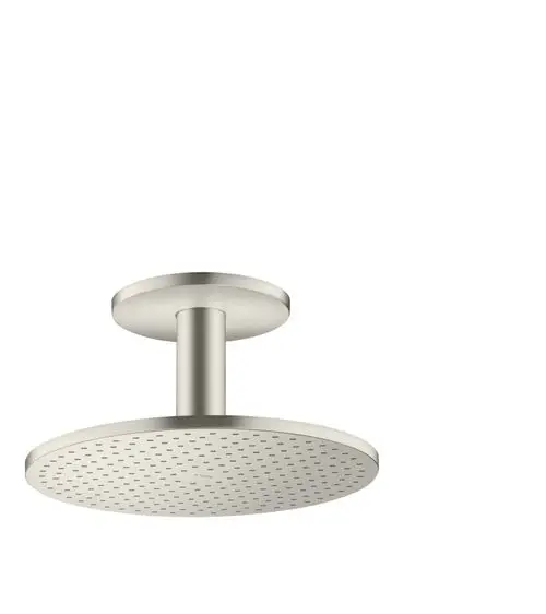 Deckenmontierte Kopfbrause aus Edelstahl mit rundem Wasserstrahl und einem Lochmuster. Produkt von AXOR, geeignet für moderne Duschanlagen.